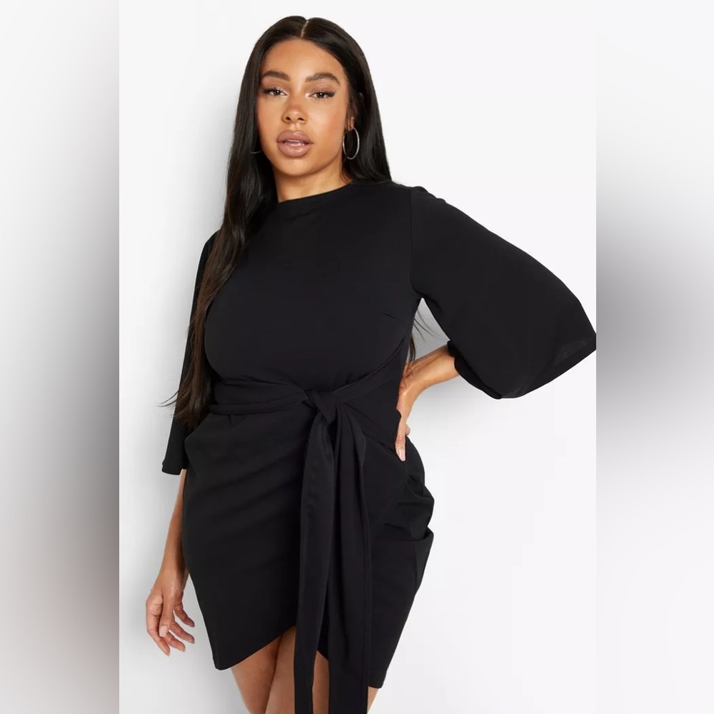 BOOHOO PLUS KIMONO SLEEVE TIE WAIST WRAP DRESS